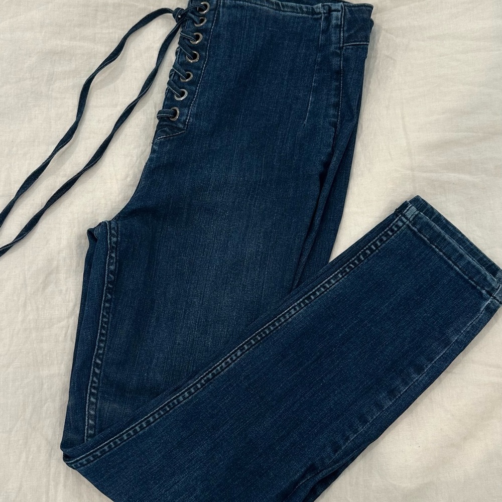 Free People High Rise Blue Jeans with Lace-Up Detail